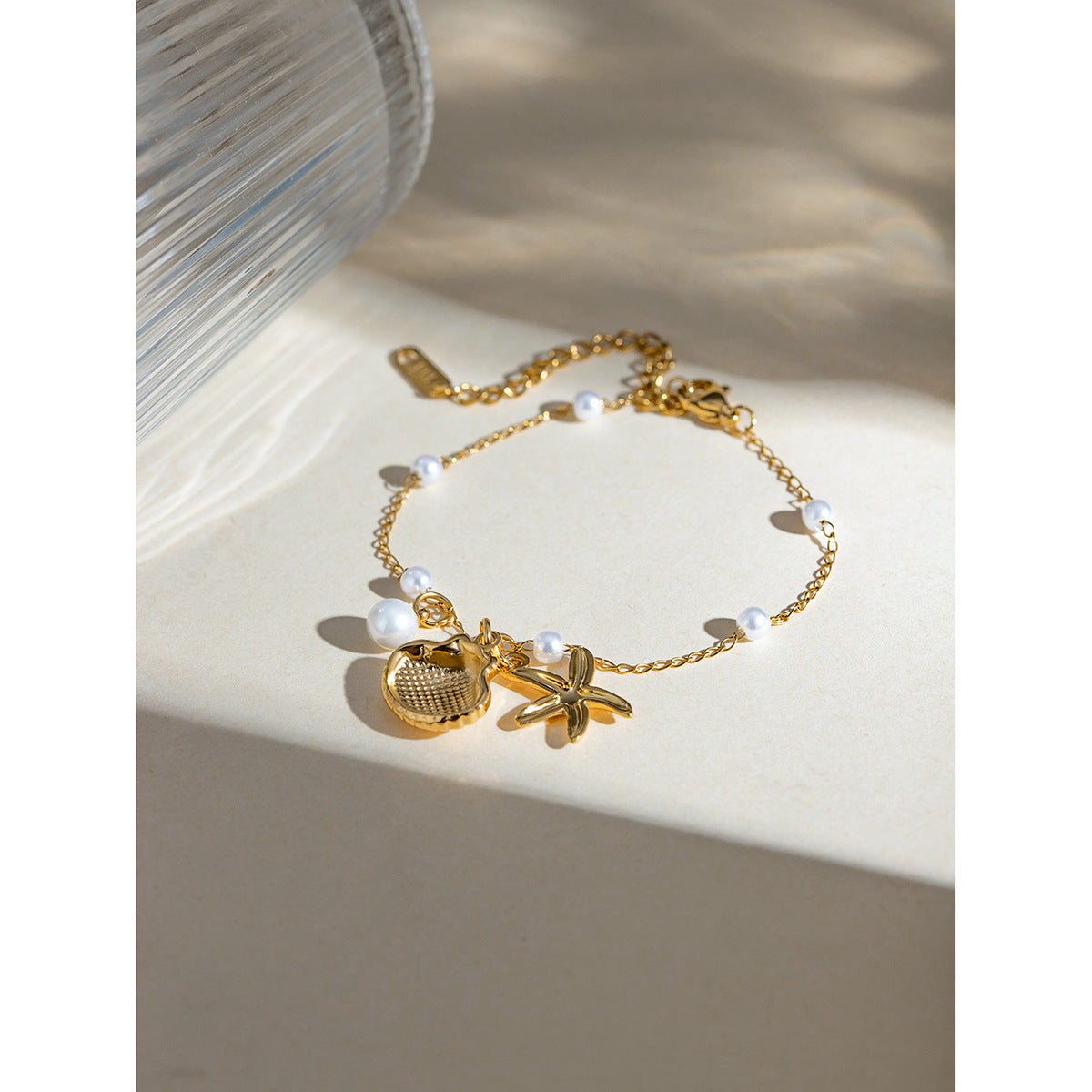 Fashion Jewelry 18K Gold Stainless Steel Pearl Chain Summer Holiday Shell Starfish Pendant Bracelet - Image 4