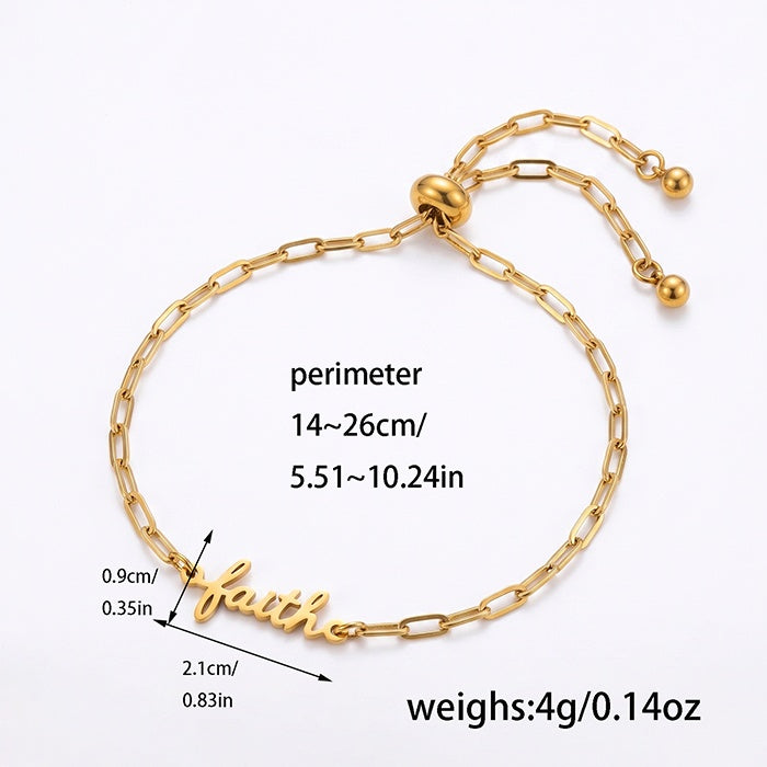 18K Gold Plated Stainless Steel Faith Bracelet For Women, Adjustable Paperclip Chain Script Word Charm Bracelet, Meaningful Religious Gift - Image 2