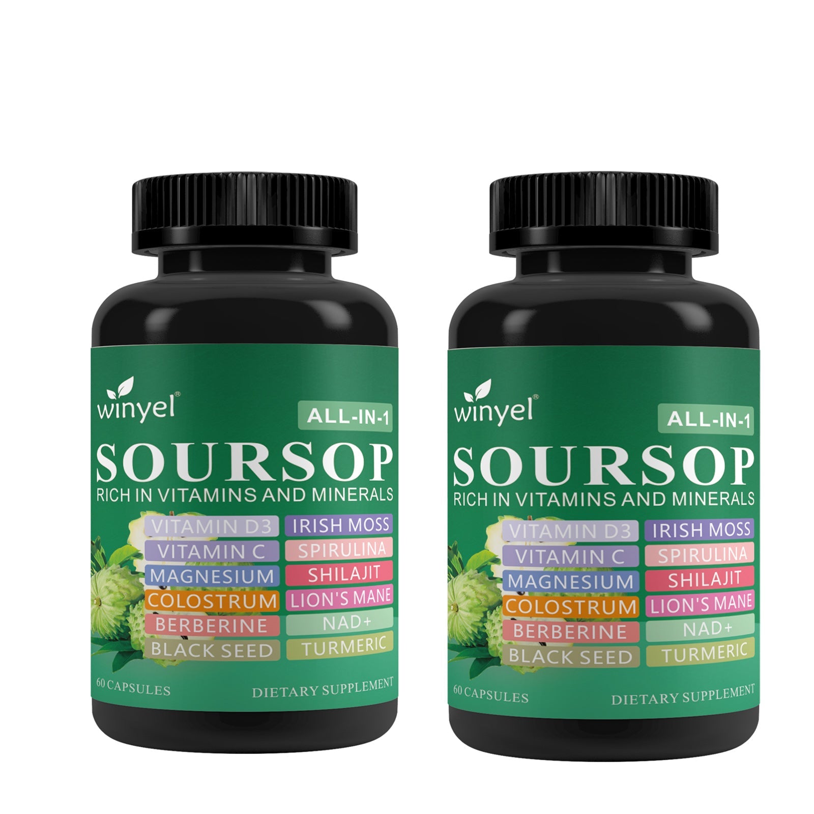 Soursop Supplement Containing 20 Herbal Extracts Including Seaweed, Lion's Mane Mushroom, Turmeric, Black Seed Oil, Oregano, And Mullein, Promoting Overall Health. Vegan, 60 Capsules. - Image 2