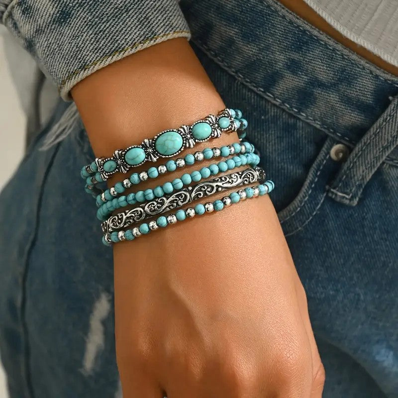 Turquoise Series Elastic Beaded Turquoise Bracelet - Image 7
