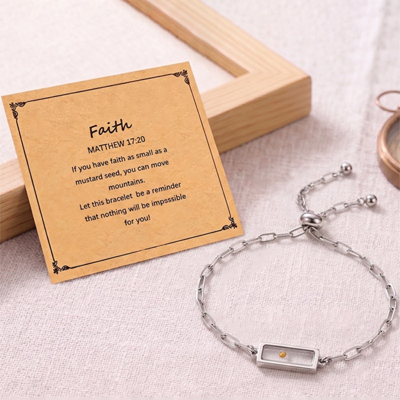 Real Mustard Seed Faith Bracelet For Women, 18K Gold Plated Stainless Steel Paperclip Chain, Adjustable Religious Christian Gift With Scripture Card - Image 3