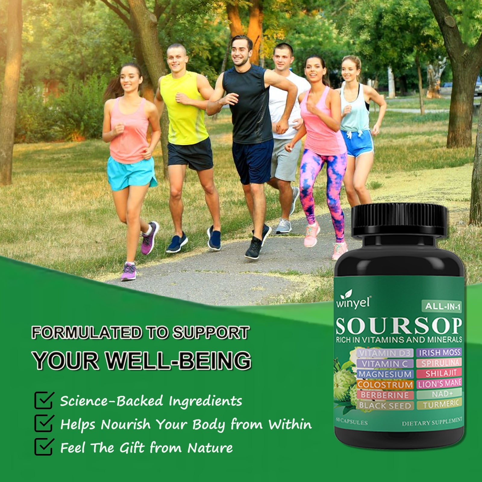 Soursop Supplement Containing 20 Herbal Extracts Including Seaweed, Lion's Mane Mushroom, Turmeric, Black Seed Oil, Oregano, And Mullein, Promoting Overall Health. Vegan, 60 Capsules. - Image 3