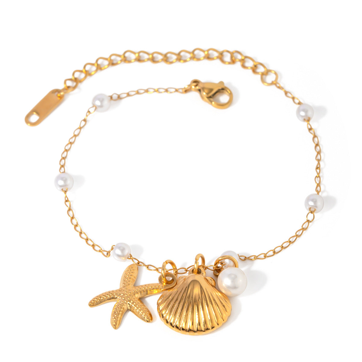 Fashion Jewelry 18K Gold Stainless Steel Pearl Chain Summer Holiday Shell Starfish Pendant Bracelet - Image 5