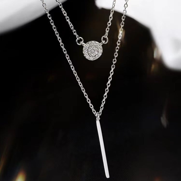 S925 Silver Color Double Chain Long Stick Micro Pave Zircon Round Pendant Necklaces For Women Trendy Jewelry - Image 4