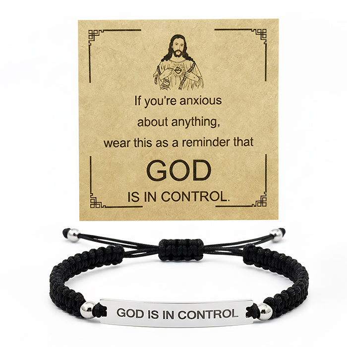 God Is In Control Engraved Bracelet, Handmade Braided Nylon Cord Cuff For Men Women, Stainless Steel Religious Christian Gift With Scripture Card - Image 3