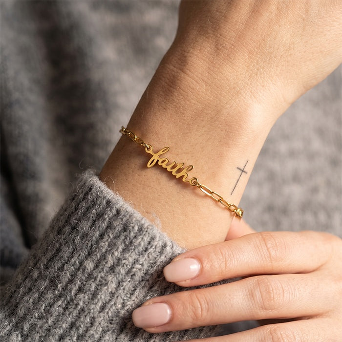 18K Gold Plated Stainless Steel Faith Bracelet For Women, Adjustable Paperclip Chain Script Word Charm Bracelet, Meaningful Religious Gift - Image 3