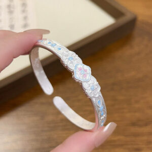 1pcs 925 Sterling Silver Enamel Clover Carved Open Cuff Bangle, Elegant Oriental Style, For Daily Wear & Holiday Gift Giving