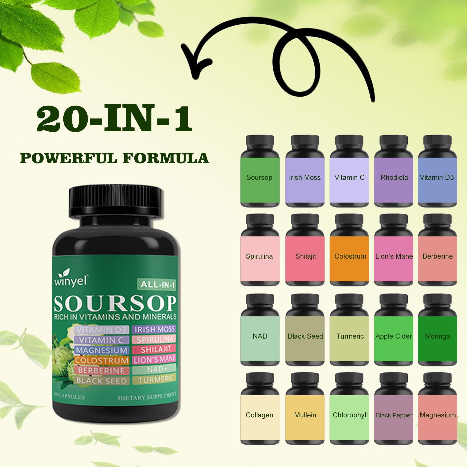 Soursop Supplement Containing 20 Herbal Extracts Including Seaweed, Lion's Mane Mushroom, Turmeric, Black Seed Oil, Oregano, And Mullein, Promoting Overall Health. Vegan, 60 Capsules. - Image 9