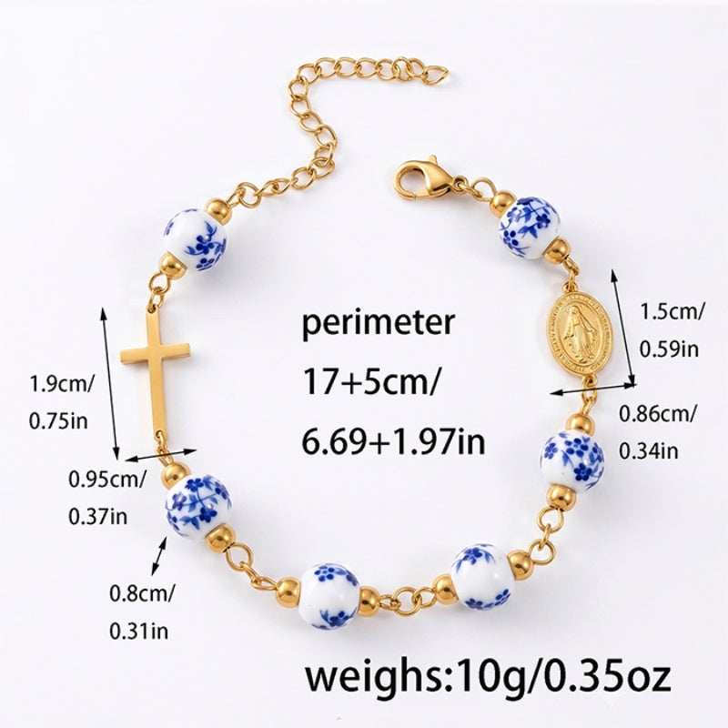Ceramic Bead Cross Rosary Bracelet For Women, 18K Gold Plated Stainless Steel Miraculous Medal Virgin Mary Bracelet, Religious Faith Gift - Image 2