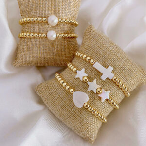 Womens Natural Shell Cross Beaded Copper-Gold-Plated Bracelet