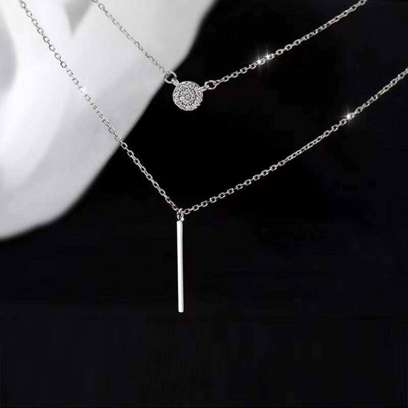 S925 Silver Color Double Chain Long Stick Micro Pave Zircon Round Pendant Necklaces For Women Trendy Jewelry - Image 5