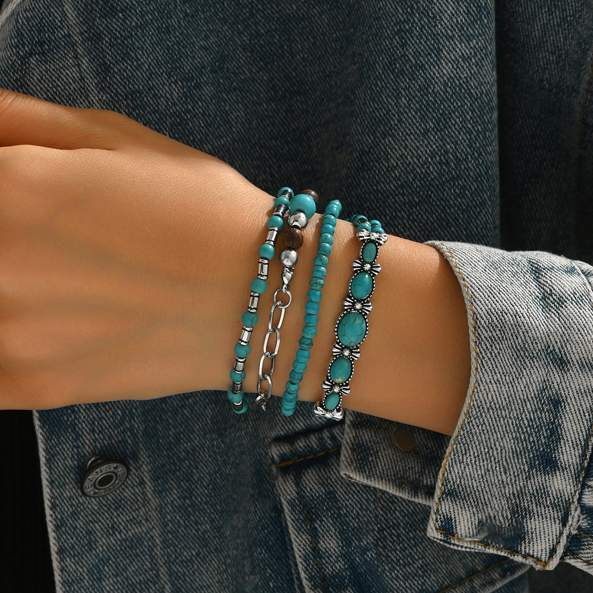 Western Cowboy Style Carved Vintage Turquoise Inlaid Bracelet - Image 9