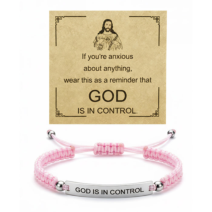 God Is In Control Engraved Bracelet, Handmade Braided Nylon Cord Cuff For Men Women, Stainless Steel Religious Christian Gift With Scripture Card - Image 4