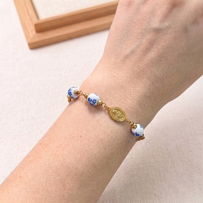 Ceramic Bead Cross Rosary Bracelet For Women, 18K Gold Plated Stainless Steel Miraculous Medal Virgin Mary Bracelet, Religious Faith Gift - Image 3