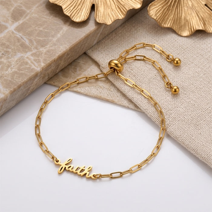 18K Gold Plated Stainless Steel Faith Bracelet For Women, Adjustable Paperclip Chain Script Word Charm Bracelet, Meaningful Religious Gift - Image 5