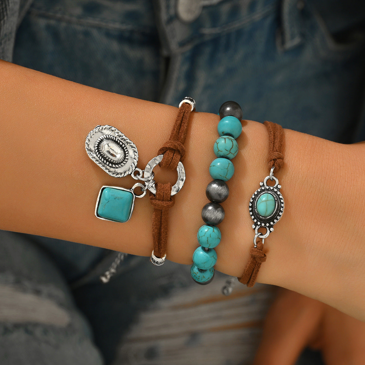 Western Cowboy Style Carved Vintage Turquoise Inlaid Bracelet - Image 12
