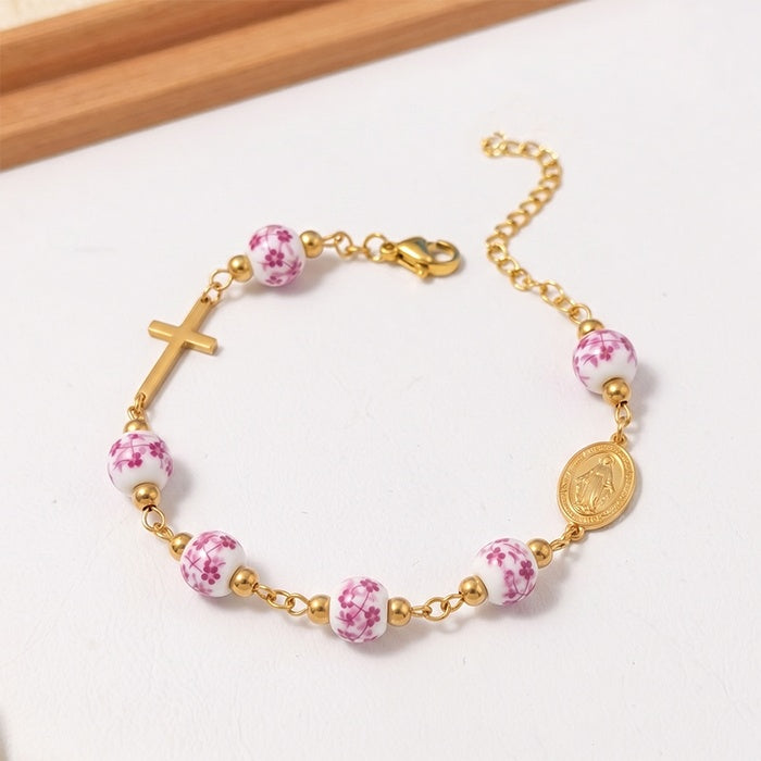 Ceramic Bead Cross Rosary Bracelet For Women, 18K Gold Plated Stainless Steel Miraculous Medal Virgin Mary Bracelet, Religious Faith Gift - Image 5