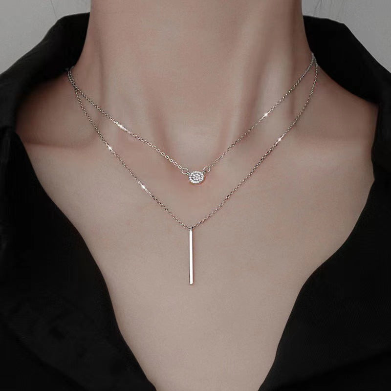 S925 Silver Color Double Chain Long Stick Micro Pave Zircon Round Pendant Necklaces For Women Trendy Jewelry - Image 2