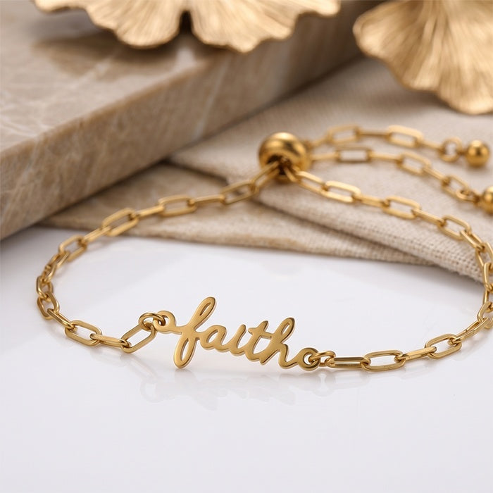 18K Gold Plated Stainless Steel Faith Bracelet For Women, Adjustable Paperclip Chain Script Word Charm Bracelet, Meaningful Religious Gift - Image 4