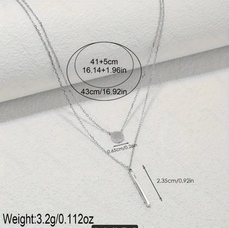 S925 Silver Color Double Chain Long Stick Micro Pave Zircon Round Pendant Necklaces For Women Trendy Jewelry - Image 3