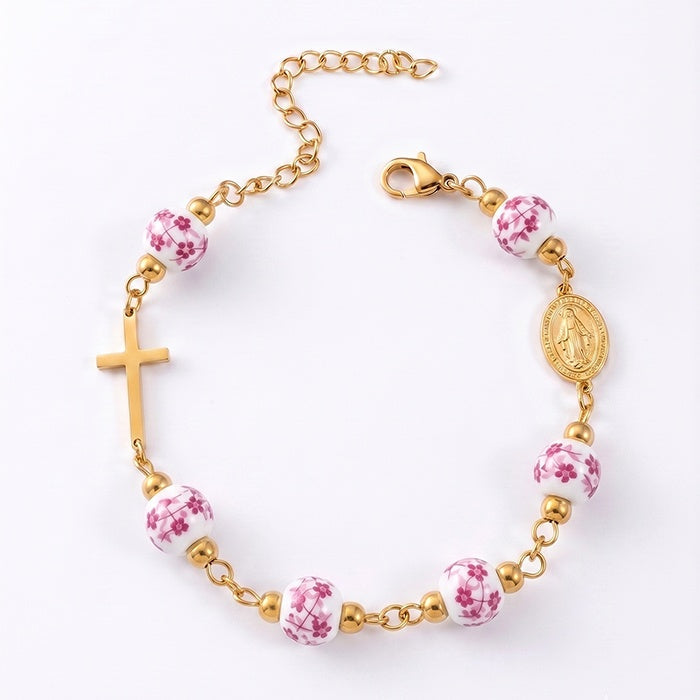 Ceramic Bead Cross Rosary Bracelet For Women, 18K Gold Plated Stainless Steel Miraculous Medal Virgin Mary Bracelet, Religious Faith Gift - Image 6
