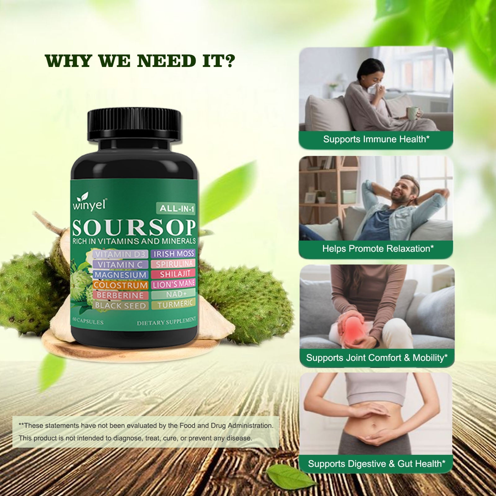 Soursop Supplement Containing 20 Herbal Extracts Including Seaweed, Lion's Mane Mushroom, Turmeric, Black Seed Oil, Oregano, And Mullein, Promoting Overall Health. Vegan, 60 Capsules. - Image 7
