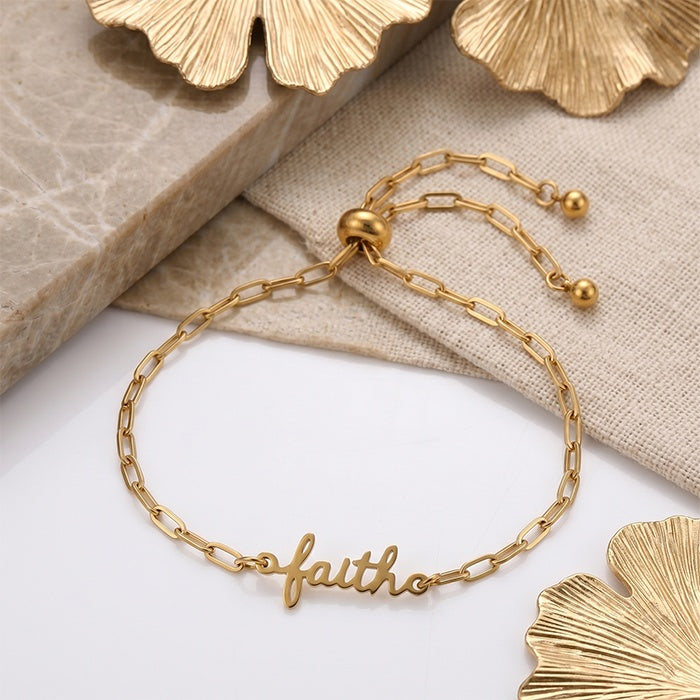 18K Gold Plated Stainless Steel Faith Bracelet For Women, Adjustable Paperclip Chain Script Word Charm Bracelet, Meaningful Religious Gift