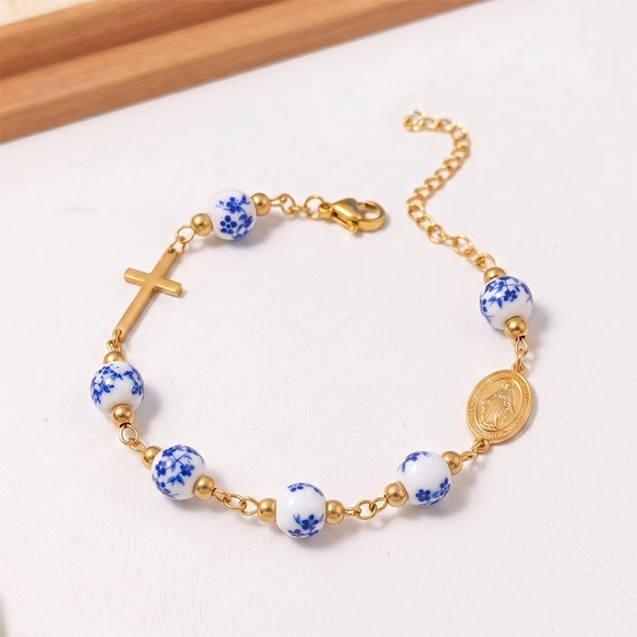 Ceramic Bead Cross Rosary Bracelet For Women, 18K Gold Plated Stainless Steel Miraculous Medal Virgin Mary Bracelet, Religious Faith Gift