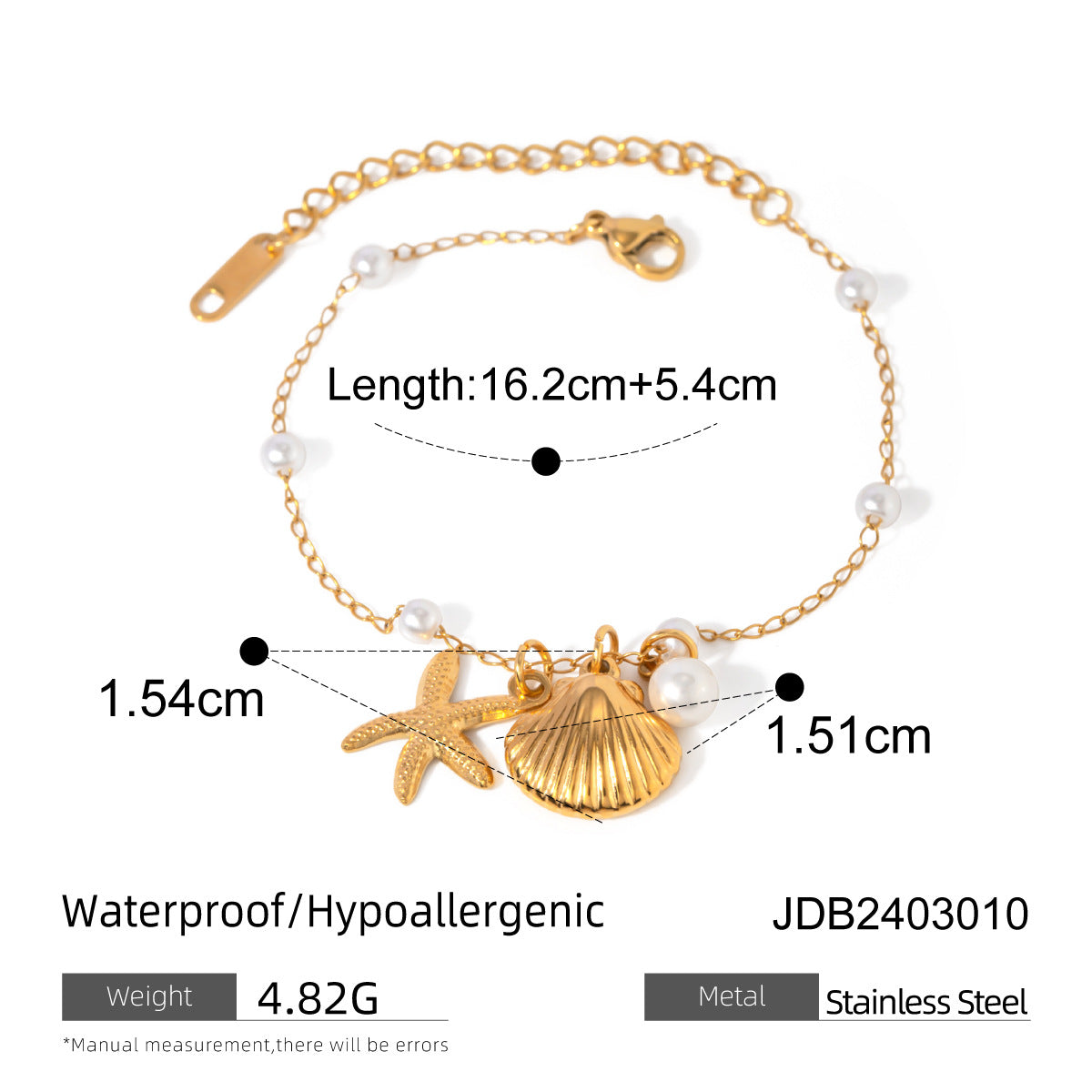 Fashion Jewelry 18K Gold Stainless Steel Pearl Chain Summer Holiday Shell Starfish Pendant Bracelet - Image 6