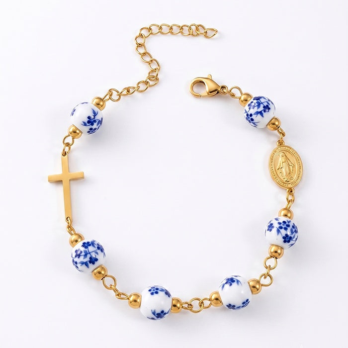 Ceramic Bead Cross Rosary Bracelet For Women, 18K Gold Plated Stainless Steel Miraculous Medal Virgin Mary Bracelet, Religious Faith Gift - Image 4