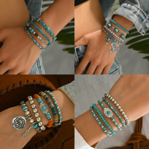 Western Cowboy Style Carved Vintage Turquoise Inlaid Bracelet