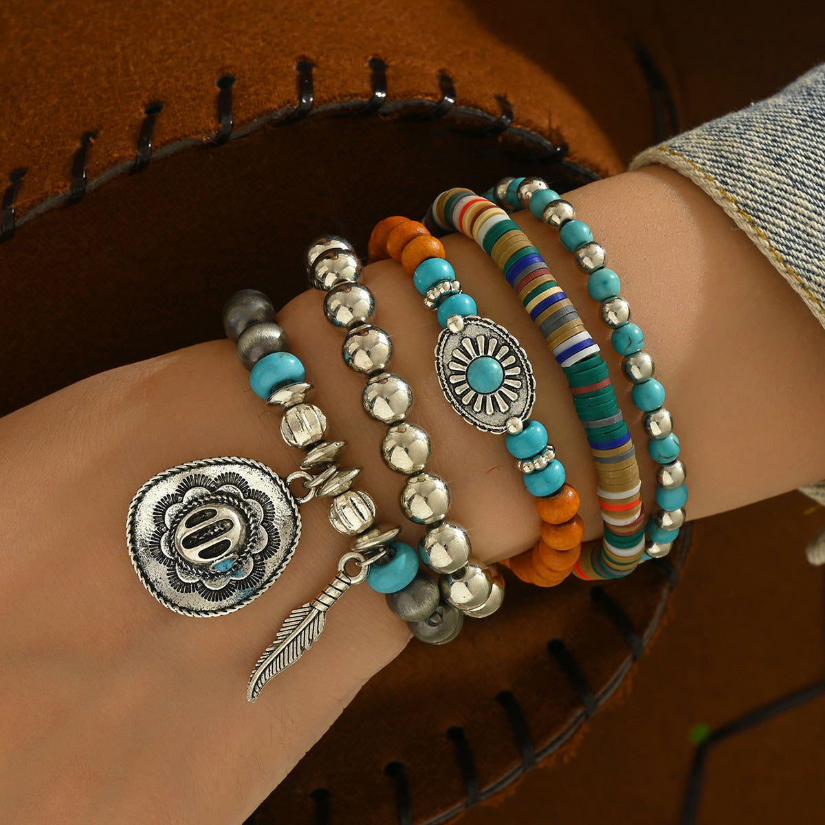 Western Cowboy Style Carved Vintage Turquoise Inlaid Bracelet - Image 11